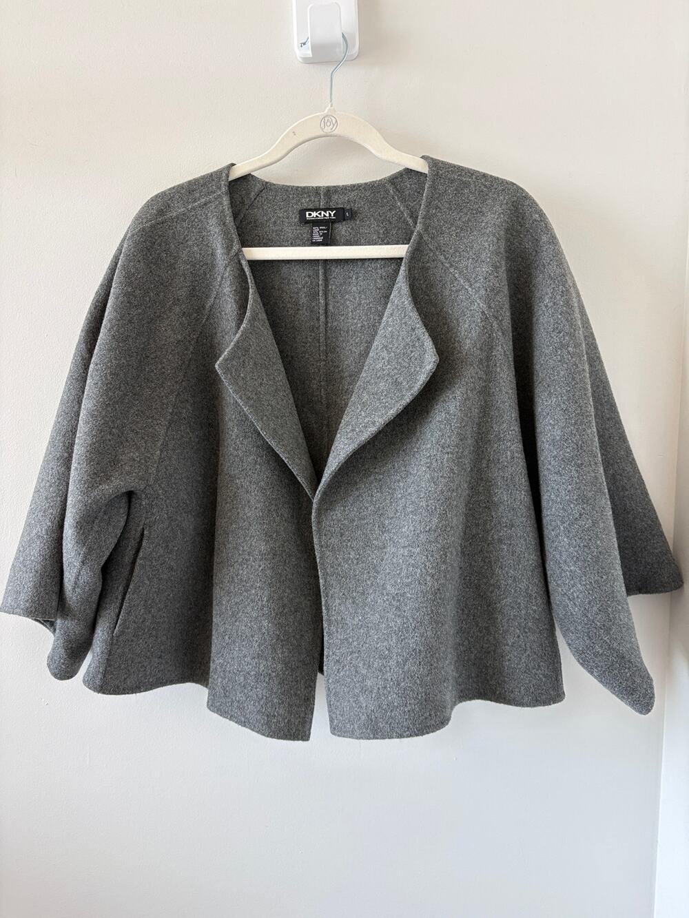 Cropped Wool Open Front Jacket Womens L Wide Raglan Sleeve Lagenlook DKNY
